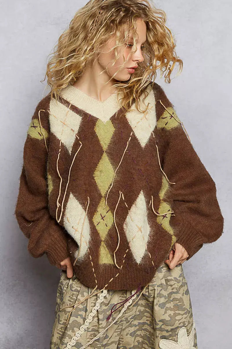 Mocha Brown V-Neck Argyle Pattern Mohair Sweater - Cozy Staple, Sweaters, $ 60.00, A Moment Of Now™