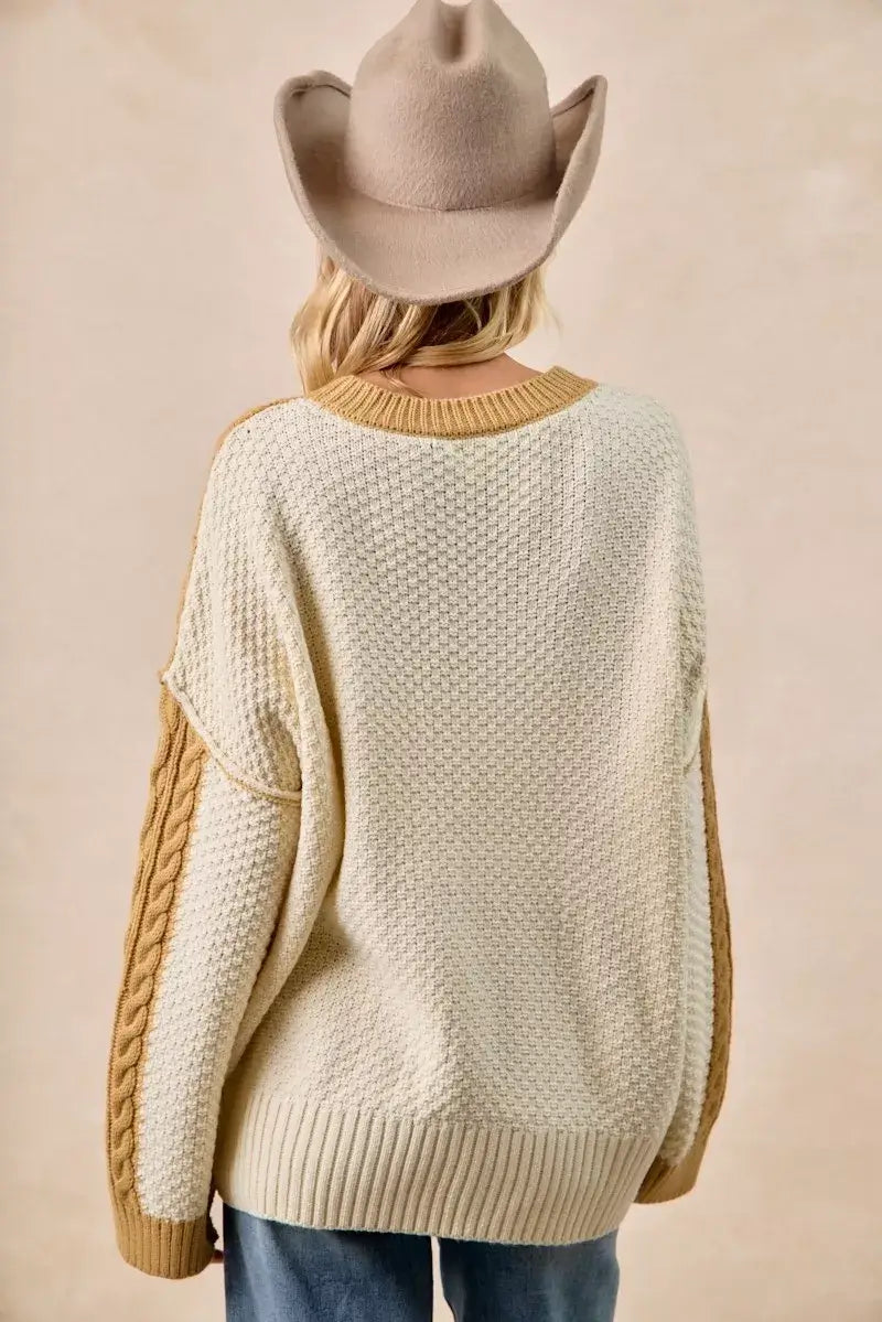 Mustard Ivory Cable Knit with Hacci Sweater - Trendy Style, Sweaters, $ 59.00, A Moment Of Now™