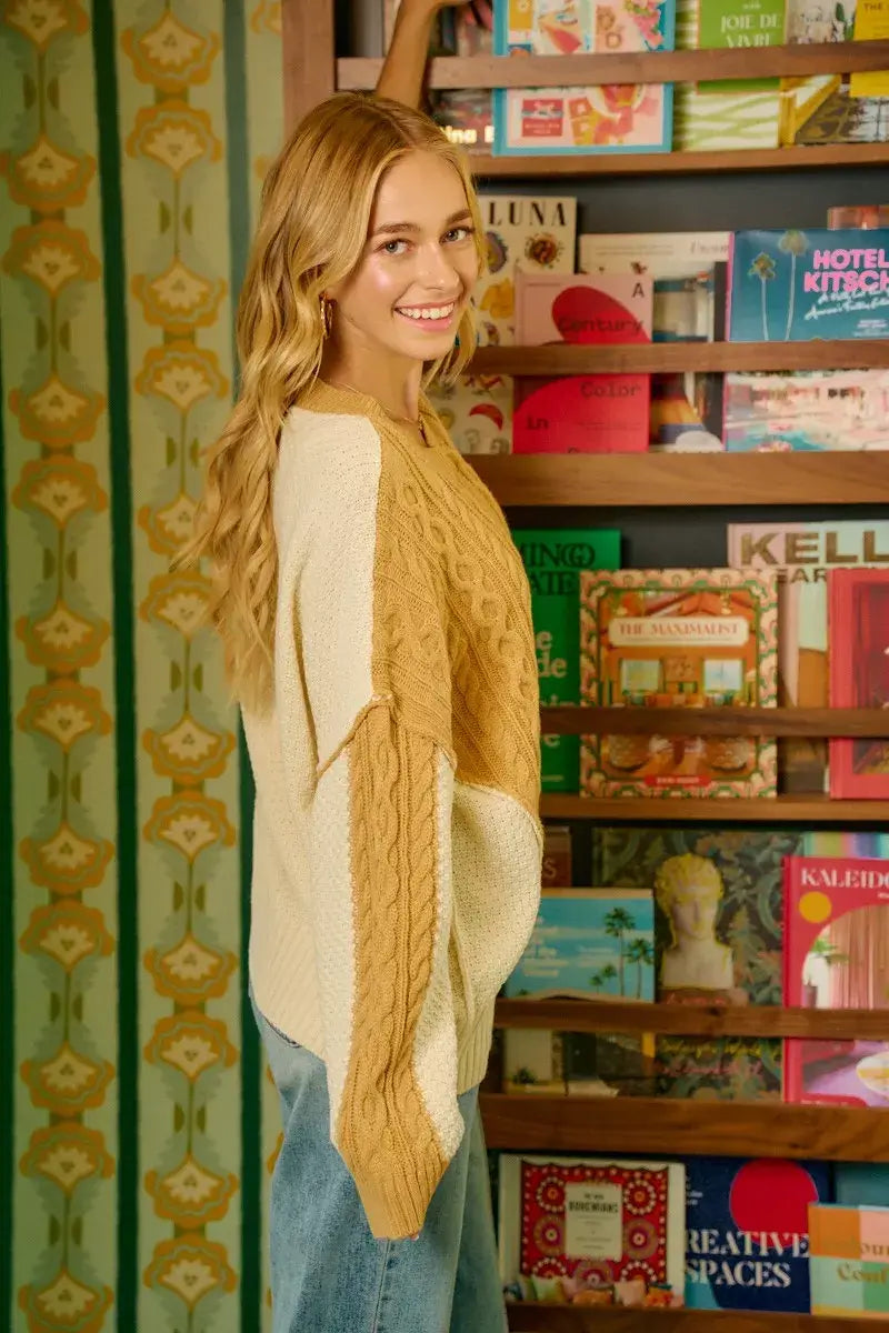 Mustard Ivory Cable Knit with Hacci Sweater - Trendy Style, Sweaters, $ 59.00, A Moment Of Now™