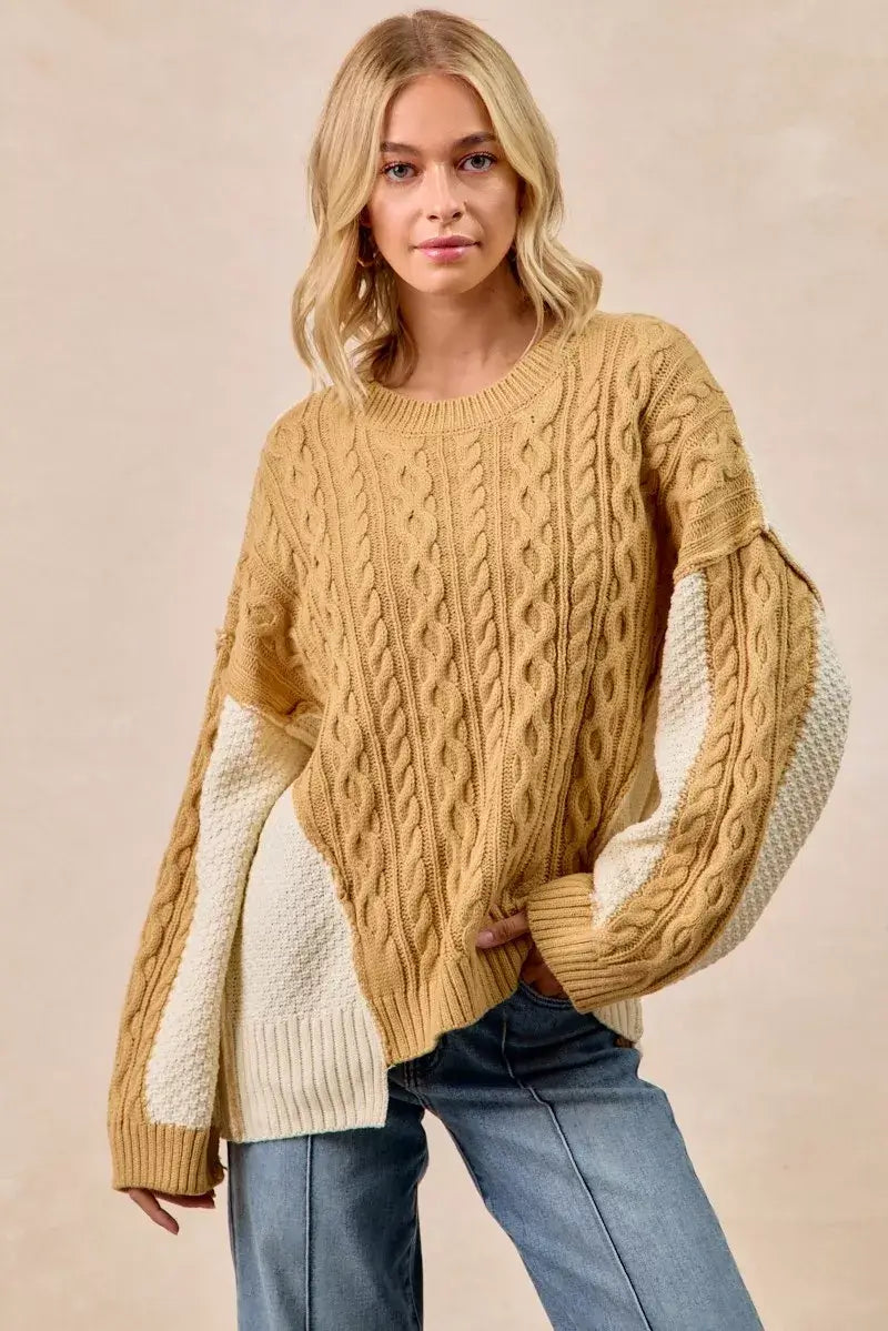 Mustard Ivory Cable Knit with Hacci Sweater - Trendy Style, Sweaters, $ 59.00, A Moment Of Now™