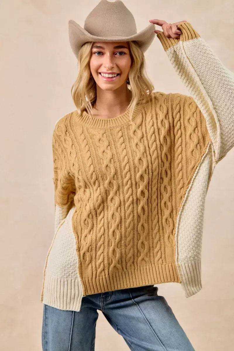 Mustard Ivory Cable Knit with Hacci Sweater - Trendy Style, Sweaters, $ 59.00, A Moment Of Now™