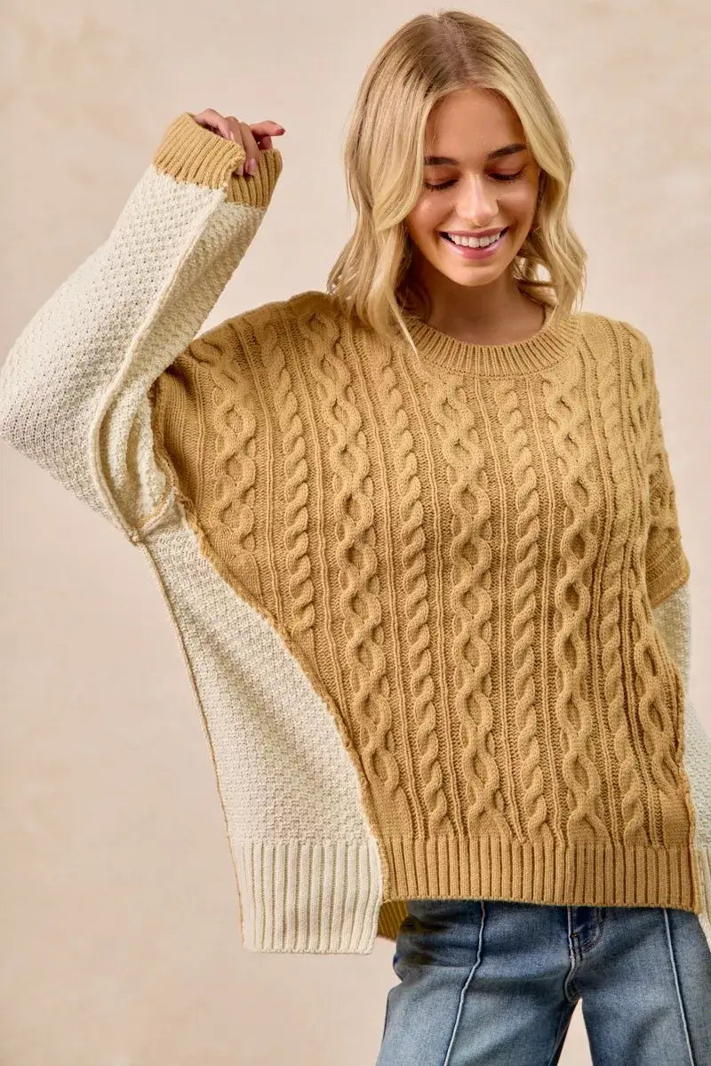 Mustard Ivory Cable Knit with Hacci Sweater - Trendy Style, Sweaters, $ 59.00, A Moment Of Now™