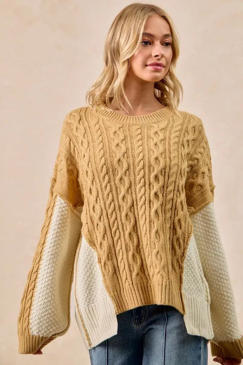 Mustard Ivory Cable Knit with Hacci Sweater - Trendy Style, Sweaters, $ 59.00, A Moment Of Now™