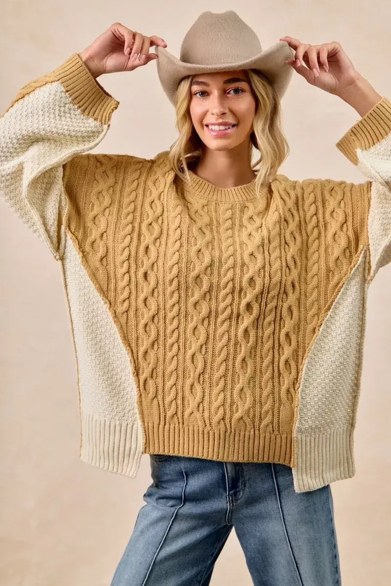 Mustard Ivory Cable Knit with Hacci Sweater - Trendy Style, Sweaters, $ 59.00, A Moment Of Now™