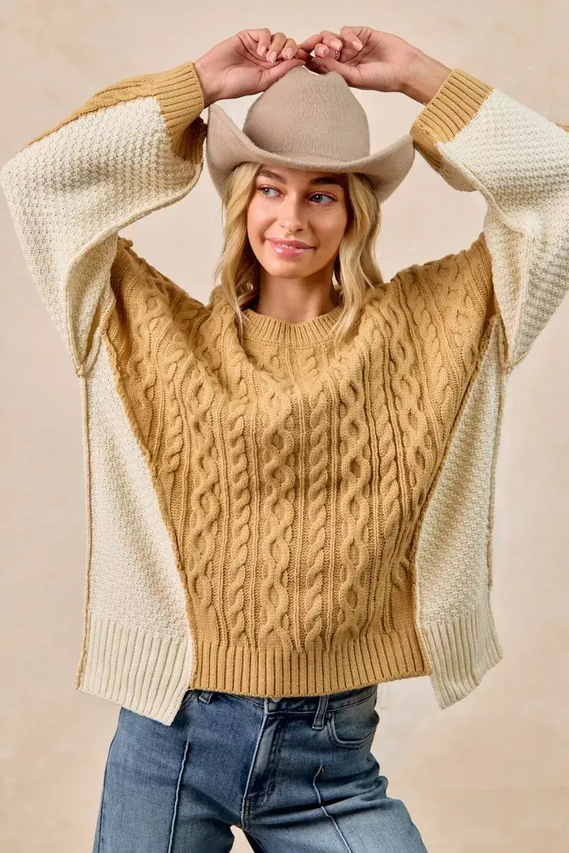 Mustard Ivory Cable Knit with Hacci Sweater - Trendy Style, Sweaters, $ 59.00, A Moment Of Now™