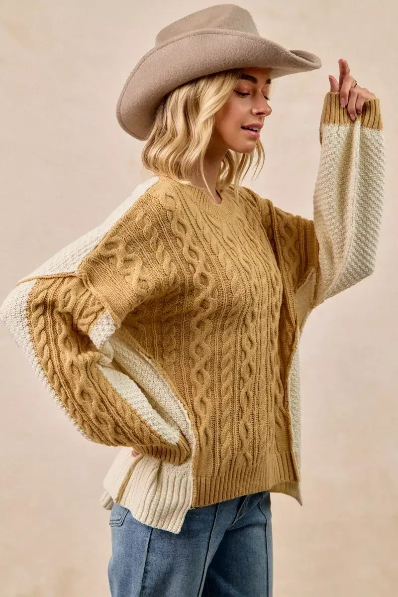 Mustard Ivory Cable Knit with Hacci Sweater - Trendy Style, Sweaters, $ 59.00, A Moment Of Now™