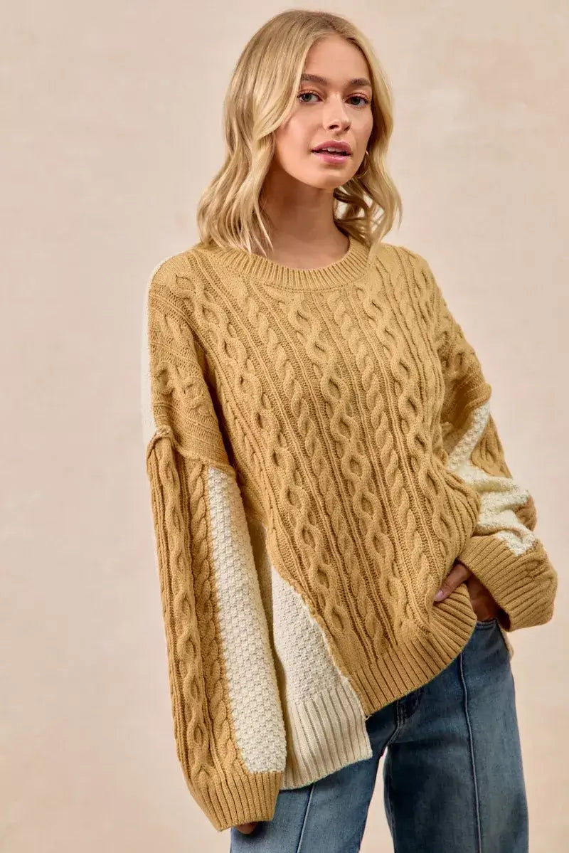 Mustard Ivory Cable Knit with Hacci Sweater - Trendy Style, Sweaters, $ 59.00, A Moment Of Now™