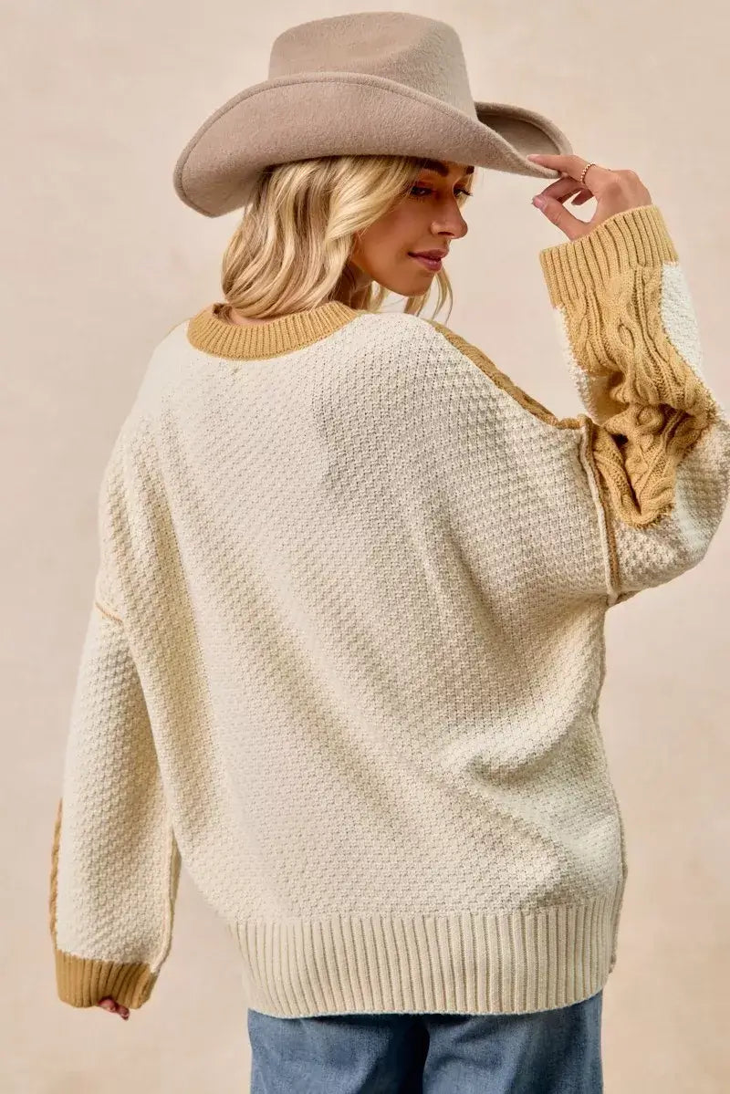 Mustard Ivory Cable Knit with Hacci Sweater - Trendy Style, Sweaters, $ 59.00, A Moment Of Now™