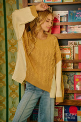 Mustard Ivory Cable Knit with Hacci Sweater - Trendy Style, Sweaters, $ 59.00, A Moment Of Now™