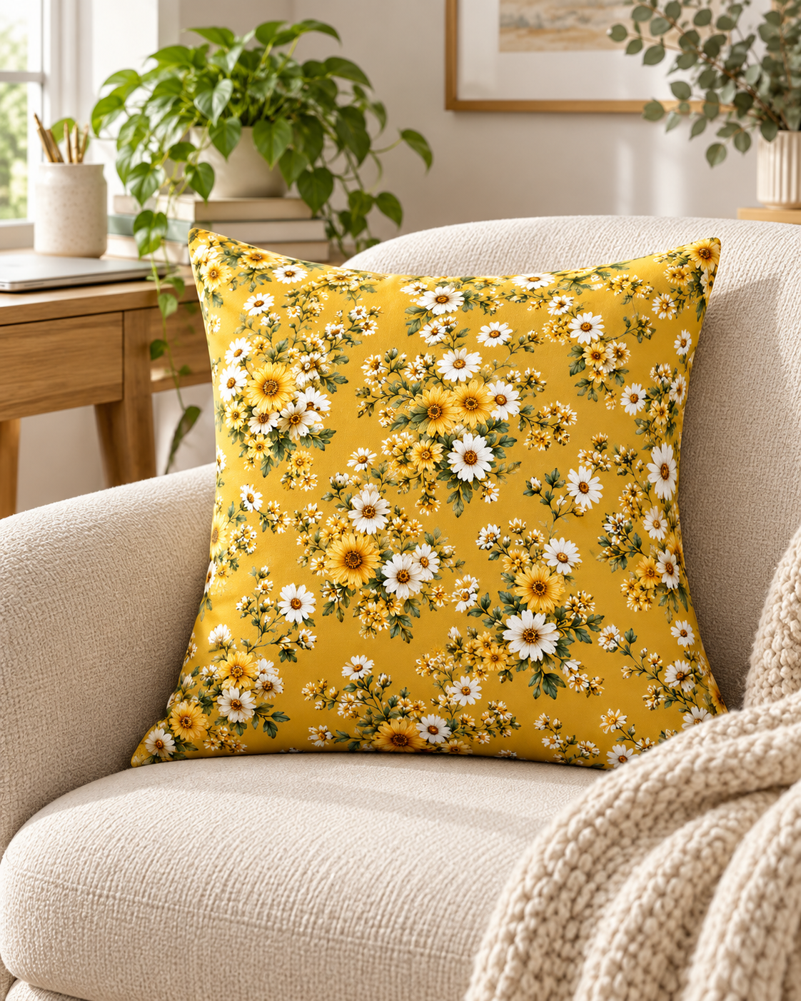 Mustard Daisy Floral Throw Pillow — Vintage Botanical Decor