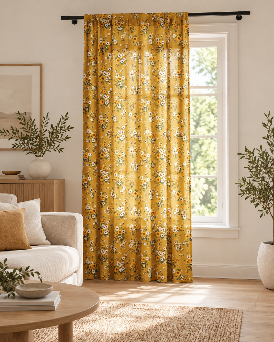 Mustard Floral Sheer Curtain – Vintage Daisy Window Panel