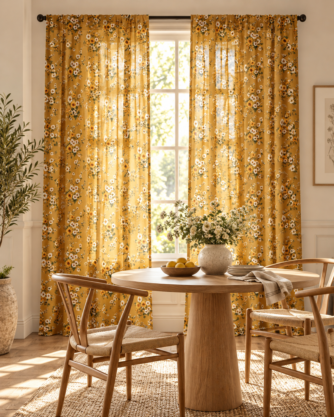 Mustard Floral Sheer Curtain – Vintage Daisy Window Panel