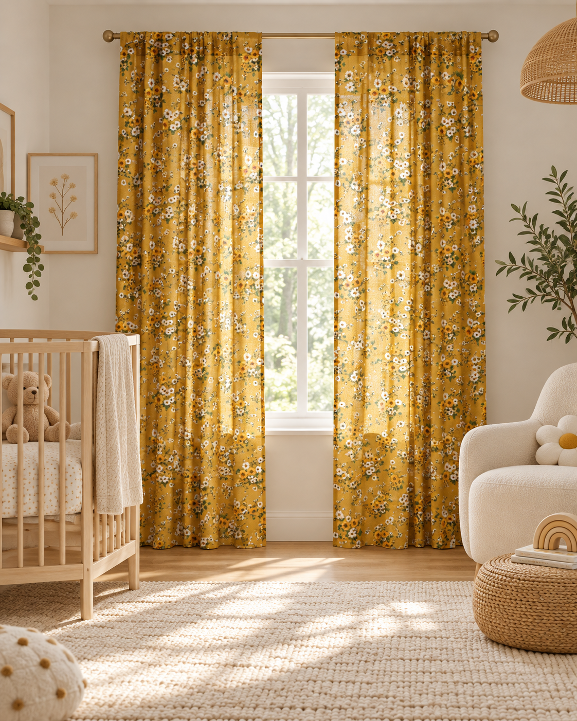 Mustard Floral Sheer Curtain – Vintage Daisy Window Panel
