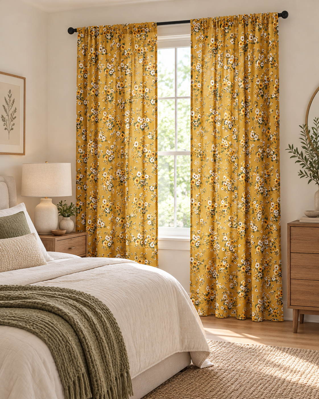 Mustard Floral Sheer Curtain – Vintage Daisy Window Panel