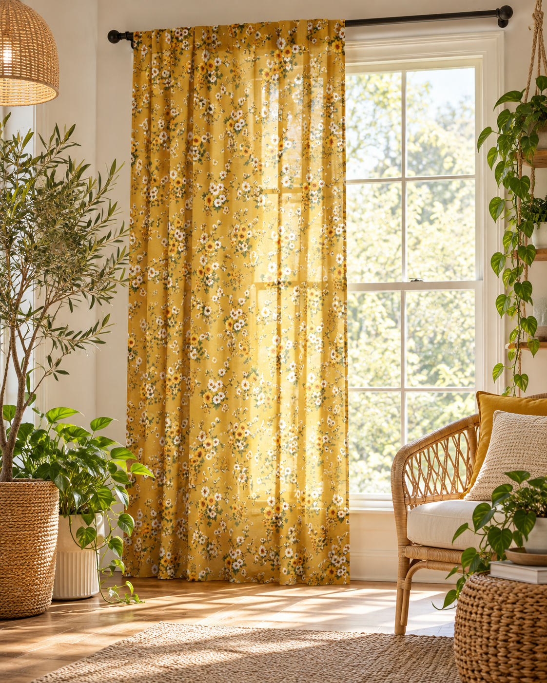 Mustard Floral Sheer Curtain – Vintage Daisy Window Panel