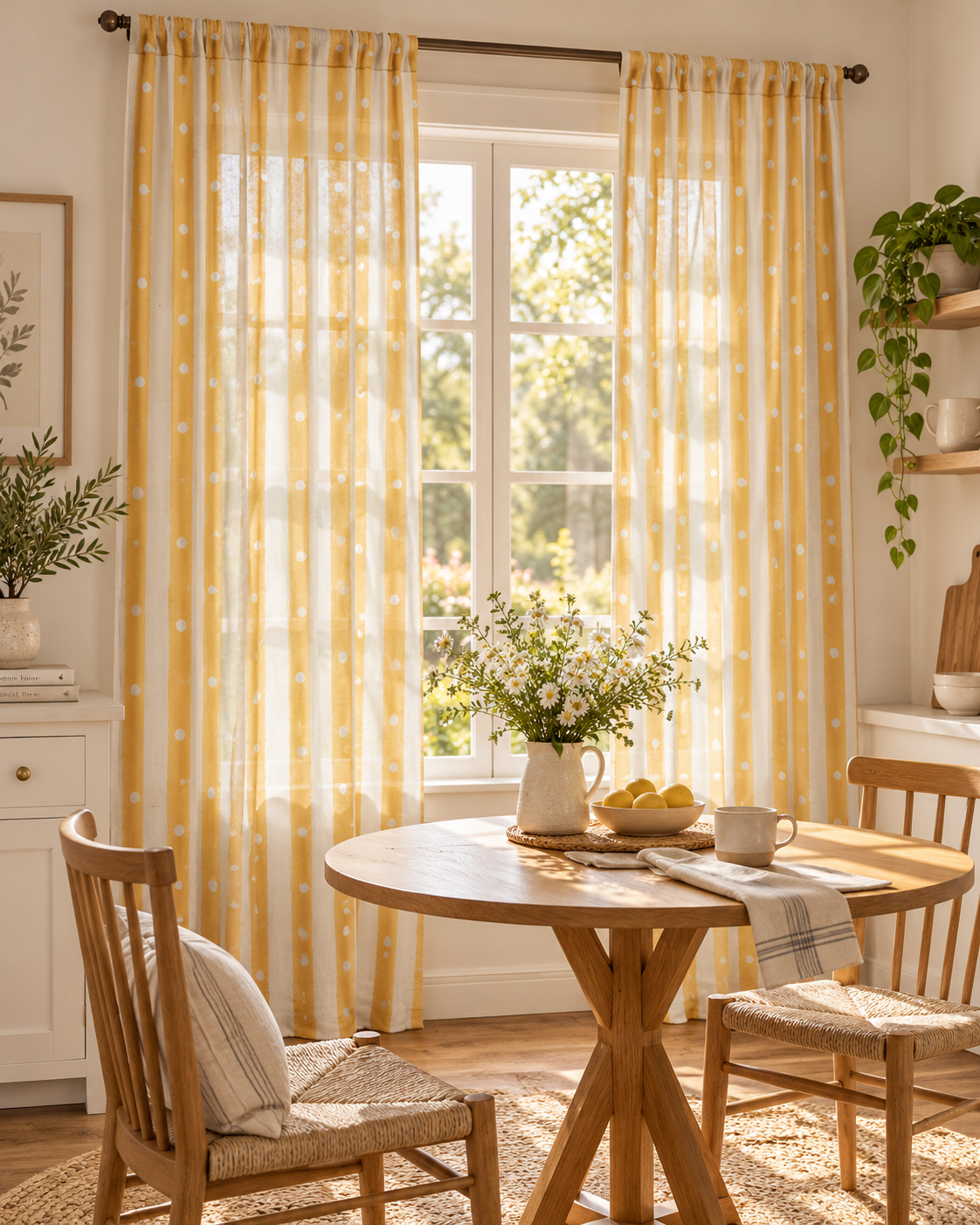 Mustard Stripe Sheer Curtain Panel — White Polka Dot Lightweight Window Curtain