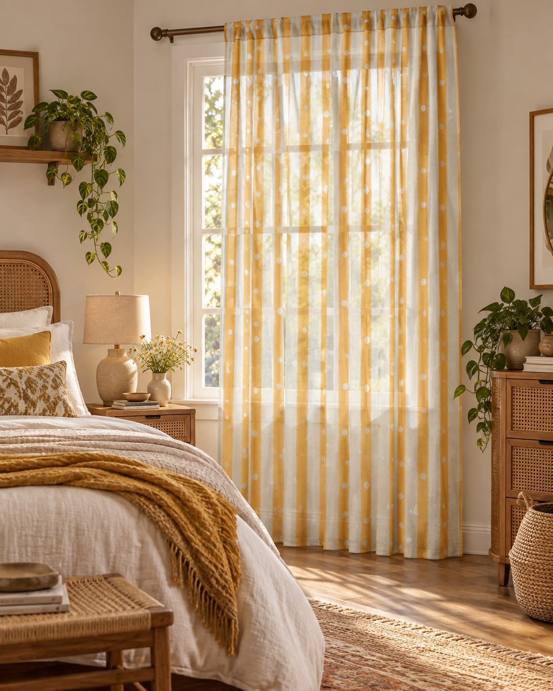 Mustard Stripe Sheer Curtain Panel — White Polka Dot Lightweight Window Curtain