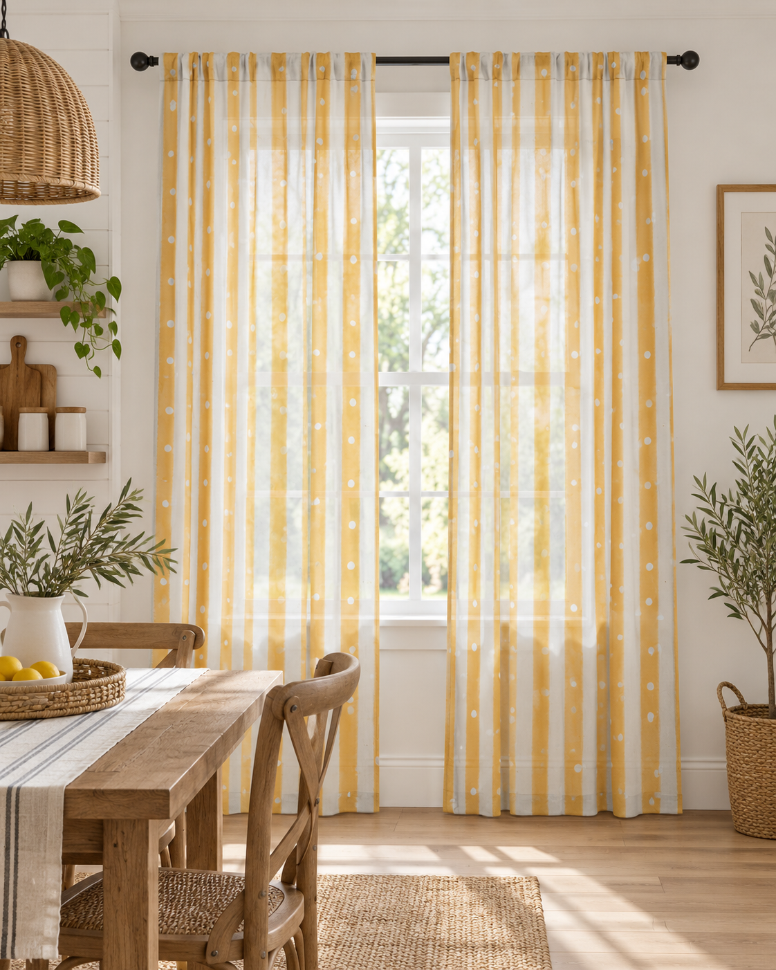 Mustard Stripe Sheer Curtain Panel — White Polka Dot Lightweight Window Curtain
