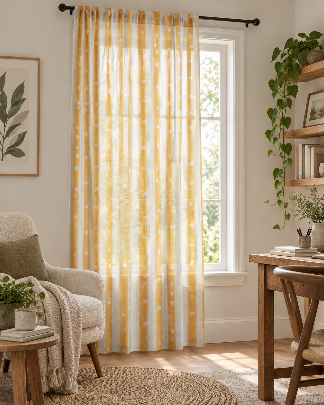 Mustard Stripe Sheer Curtain Panel — White Polka Dot Lightweight Window Curtain