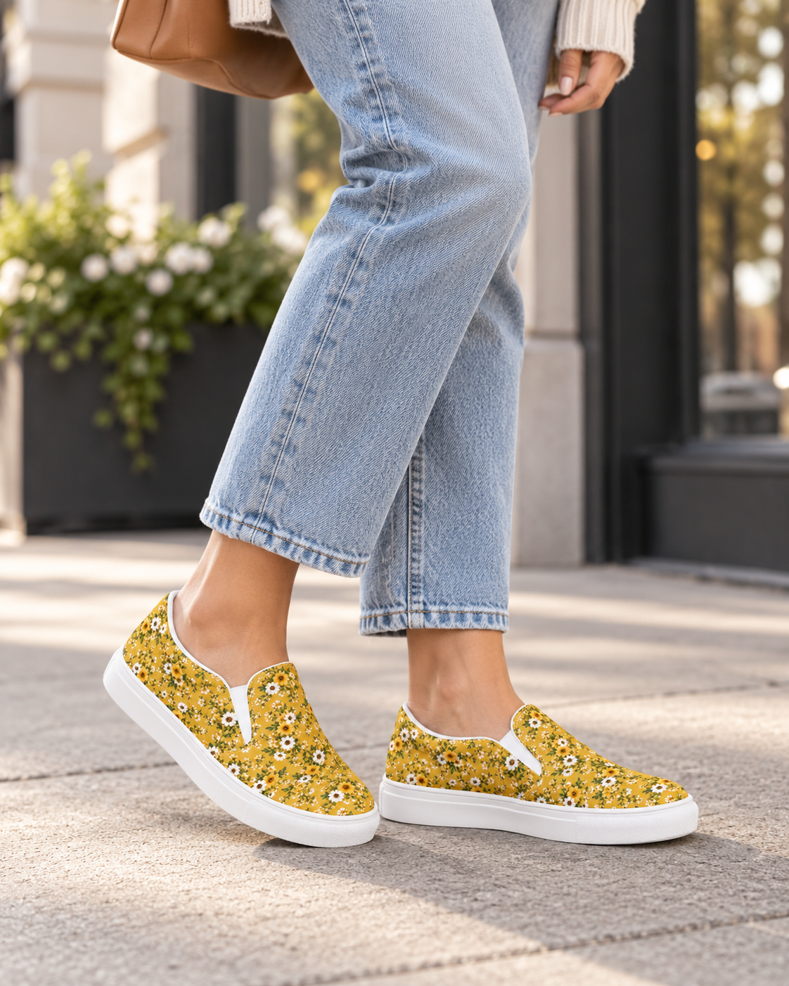 Mustard Yellow Daisy Floral Slip-On Canvas Shoes – Women’s Sneakers