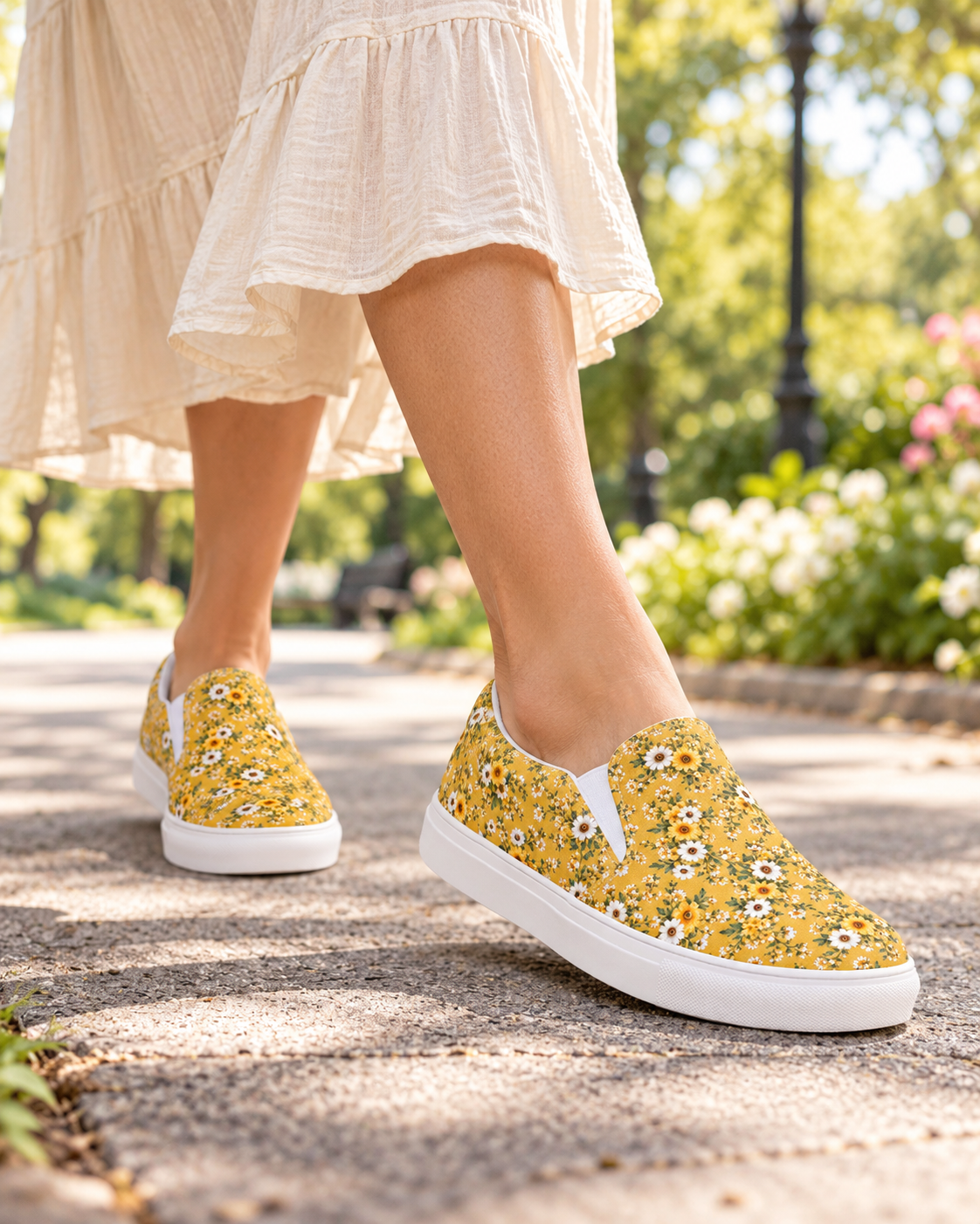 Mustard Yellow Daisy Floral Slip-On Canvas Shoes – Women’s Sneakers