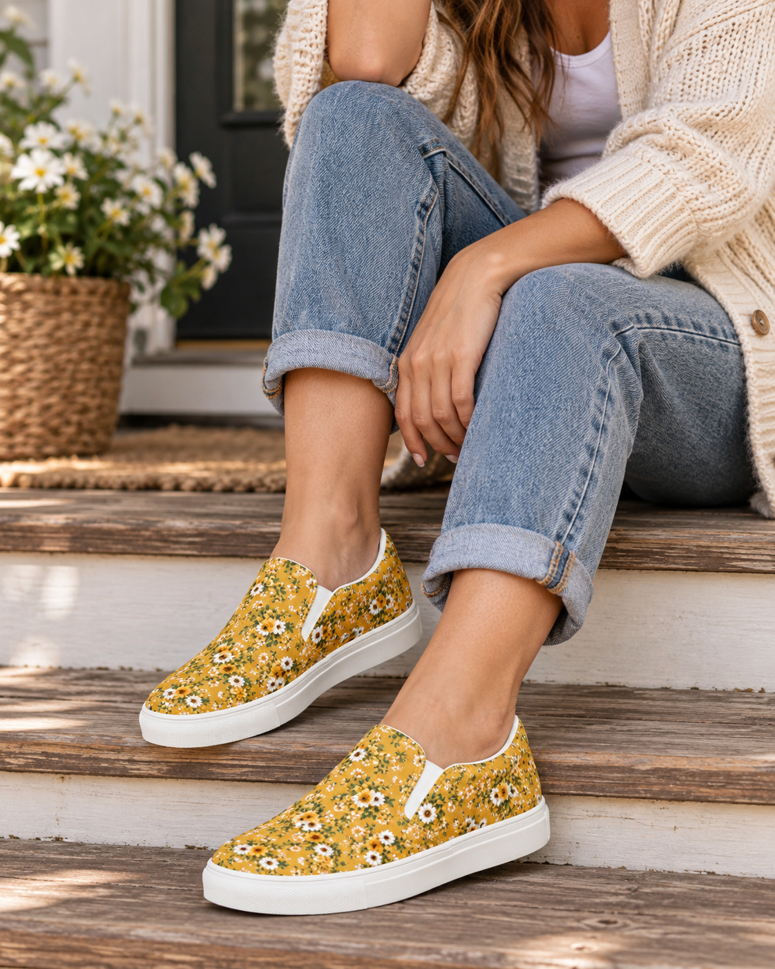 Mustard Yellow Daisy Floral Slip-On Canvas Shoes – Women’s Sneakers