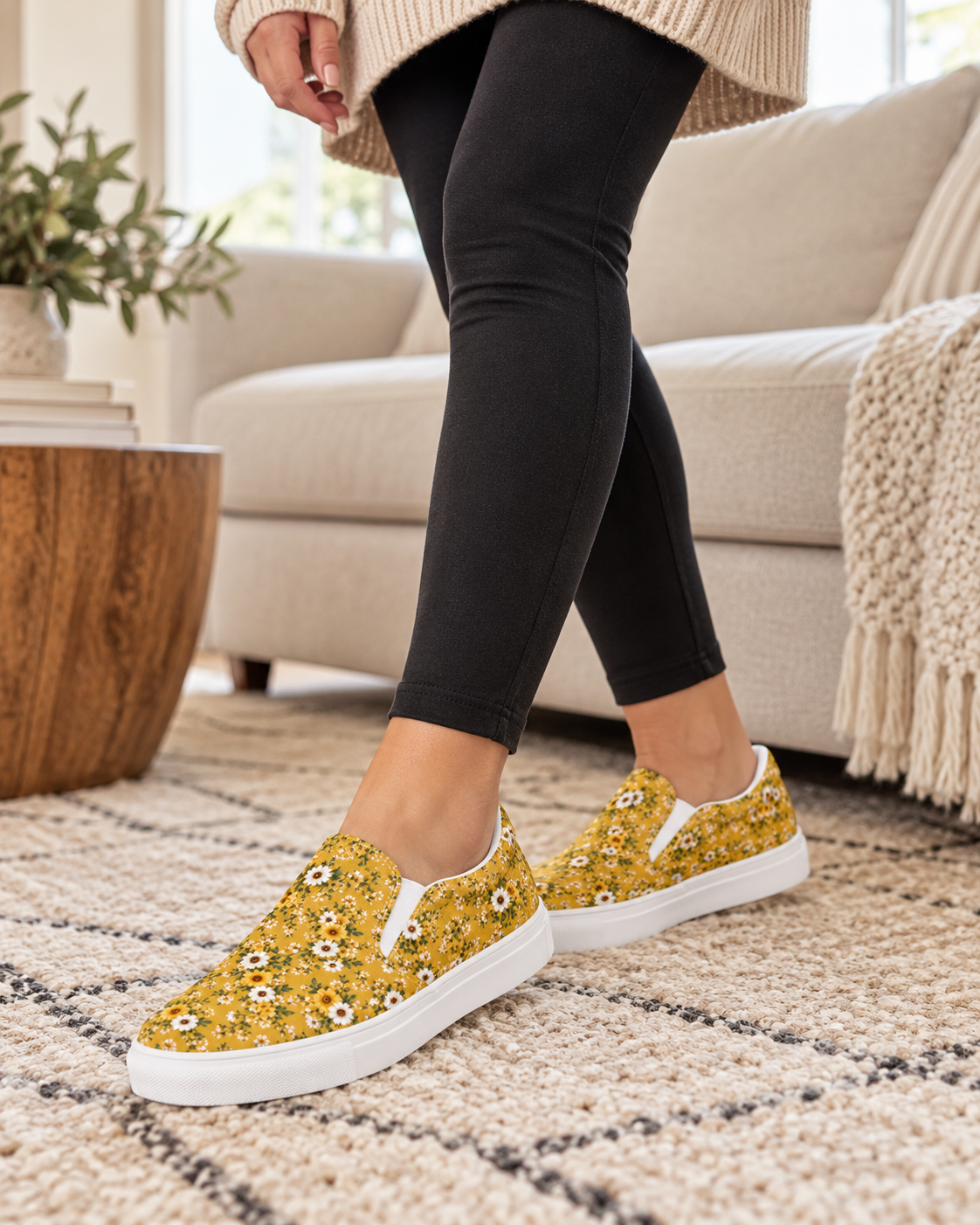Mustard Yellow Daisy Floral Slip-On Canvas Shoes – Women’s Sneakers