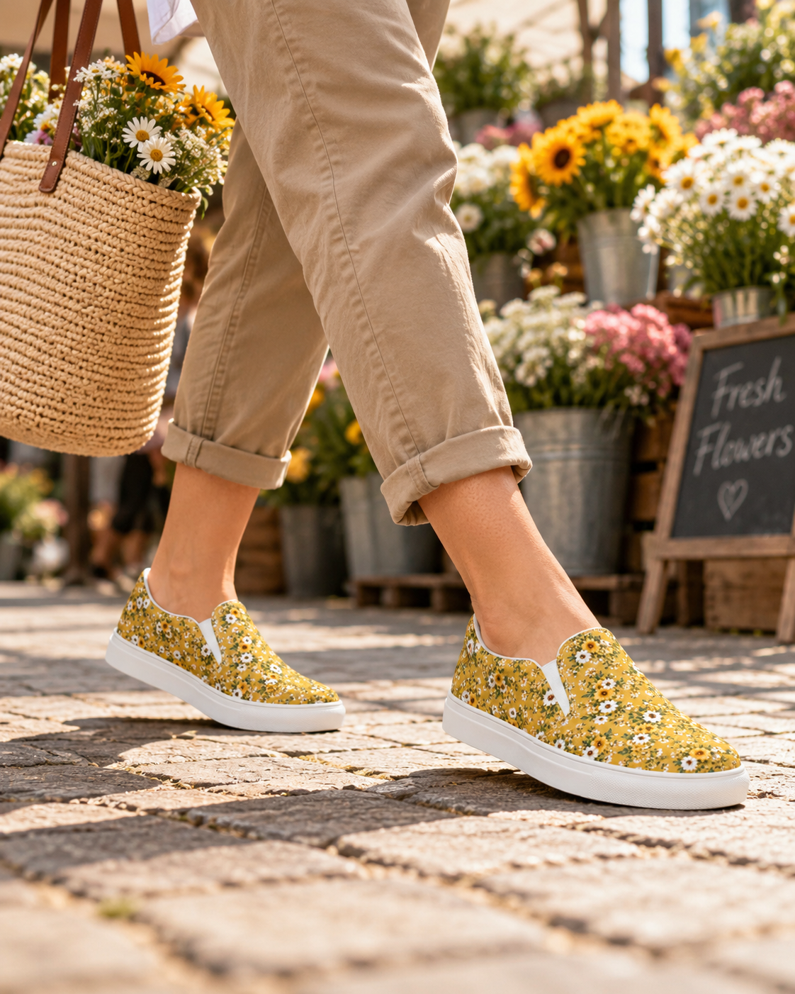 Mustard Yellow Daisy Floral Slip-On Canvas Shoes – Women’s Sneakers