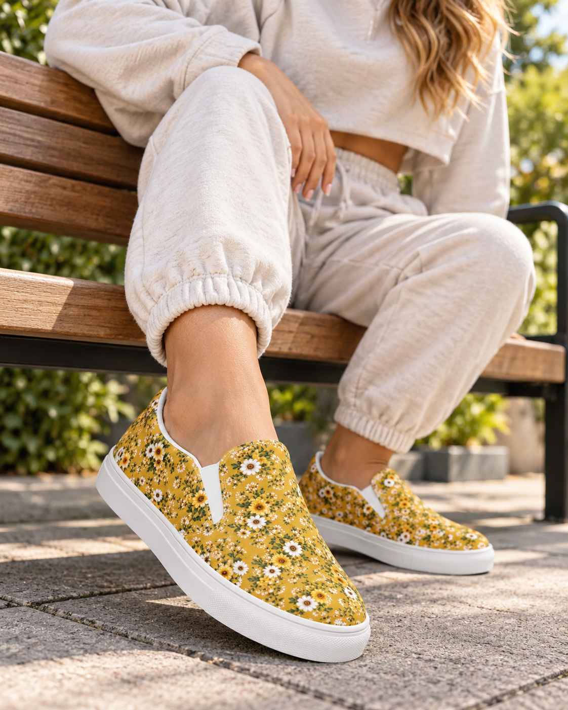 Mustard Yellow Daisy Floral Slip-On Canvas Shoes – Women’s Sneakers