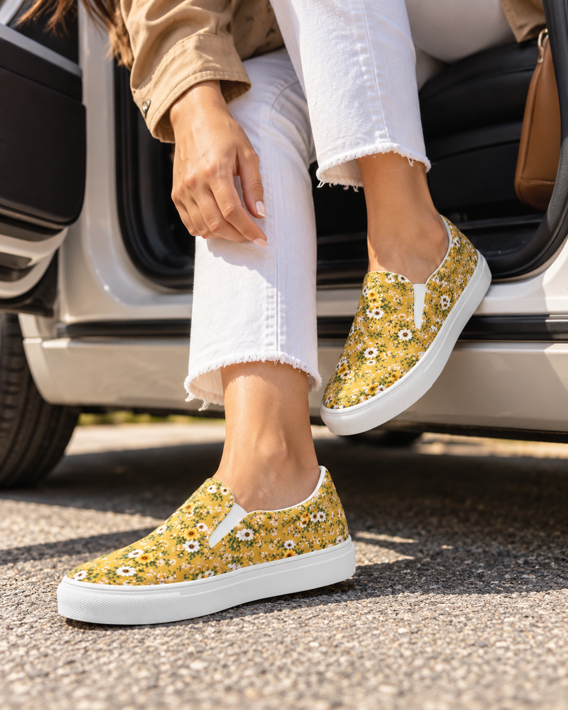 Mustard Yellow Daisy Floral Slip-On Canvas Shoes – Women’s Sneakers