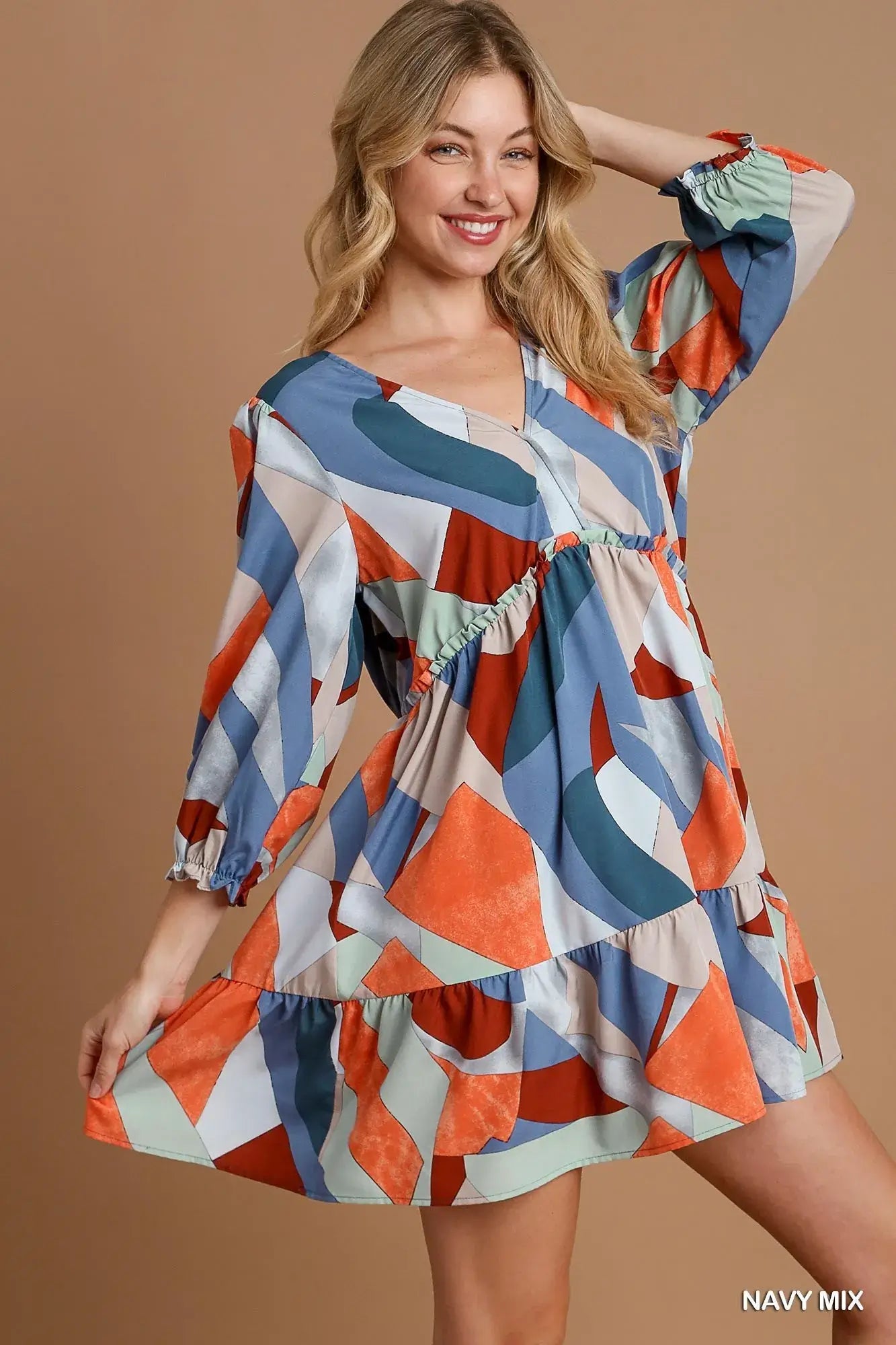 Navy Mix Abstract V-Neck Tiered Printed Dress - Trendy Style, Dresses, $ 54.00, A Moment Of Now™