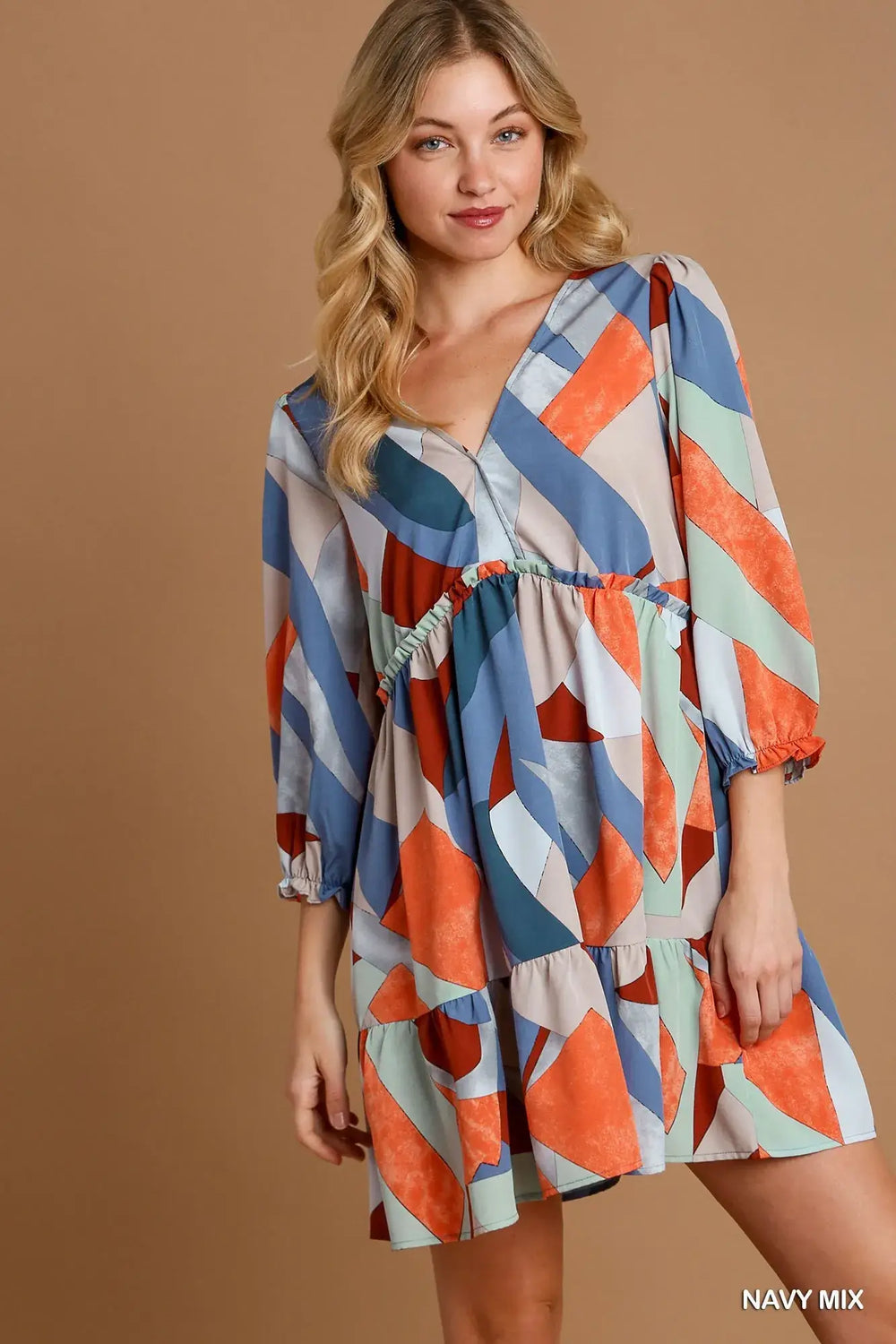 Navy Mix Abstract V-Neck Tiered Printed Dress - Trendy Style, Dresses, $ 54.00, A Moment Of Now™