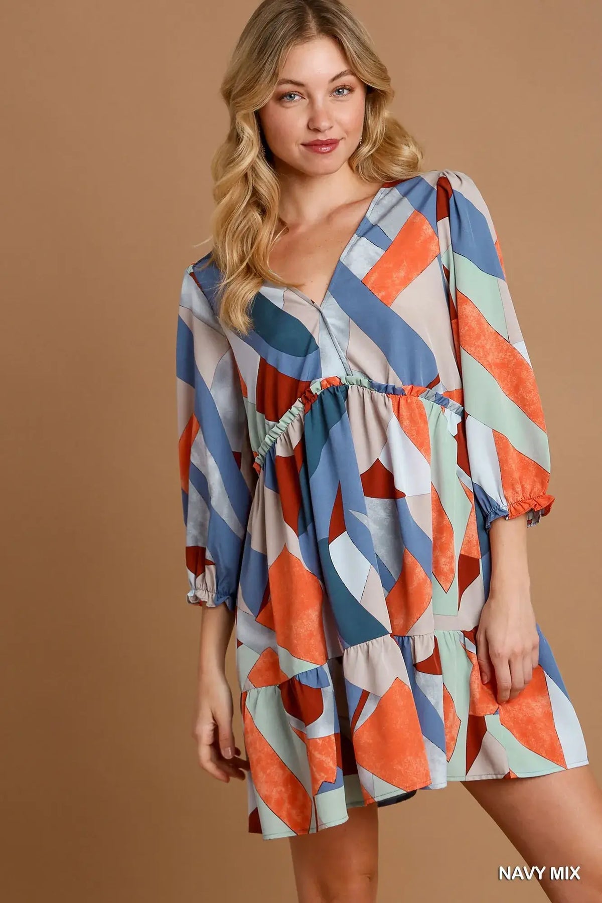 Navy Mix Abstract V-Neck Tiered Printed Dress - Trendy Style, Dresses, $ 54.00, A Moment Of Now™