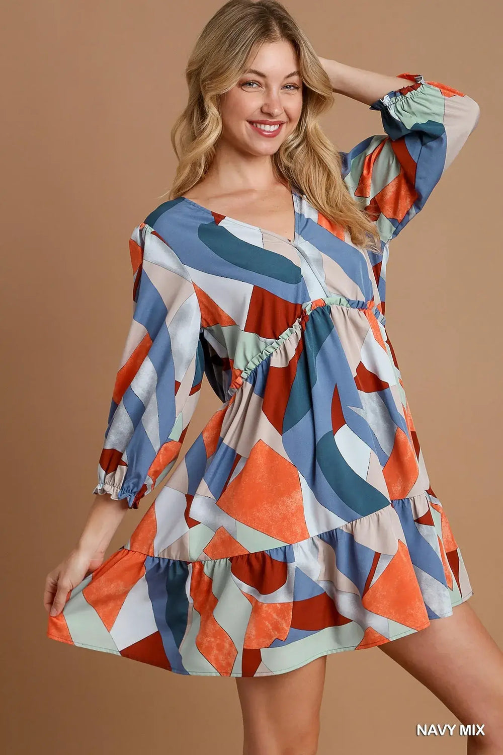 Navy Mix Abstract V-Neck Tiered Printed Dress - Trendy Style, Dresses, $ 54.00, A Moment Of Now™
