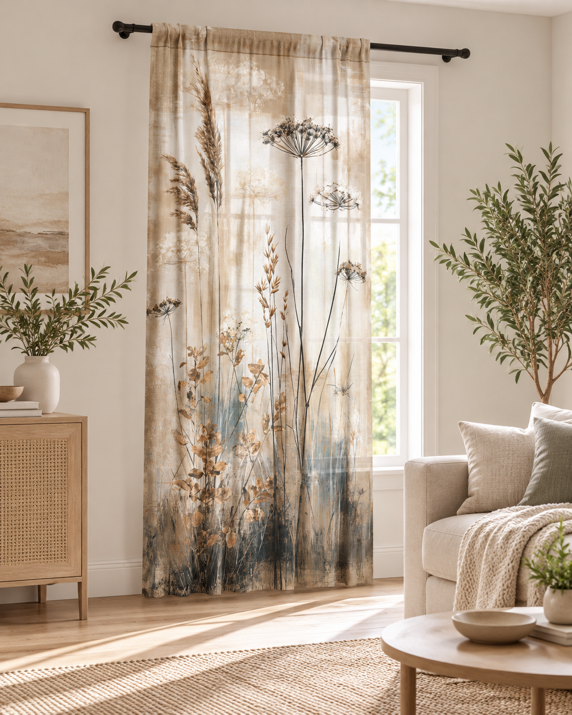 Neutral Botanical Meadow Sheer Window Curtain | Dried Wildflowers Panel