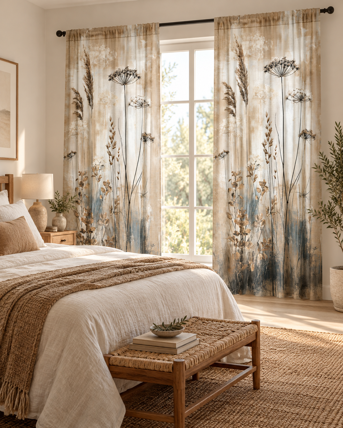 Neutral Botanical Meadow Sheer Window Curtain | Dried Wildflowers Panel