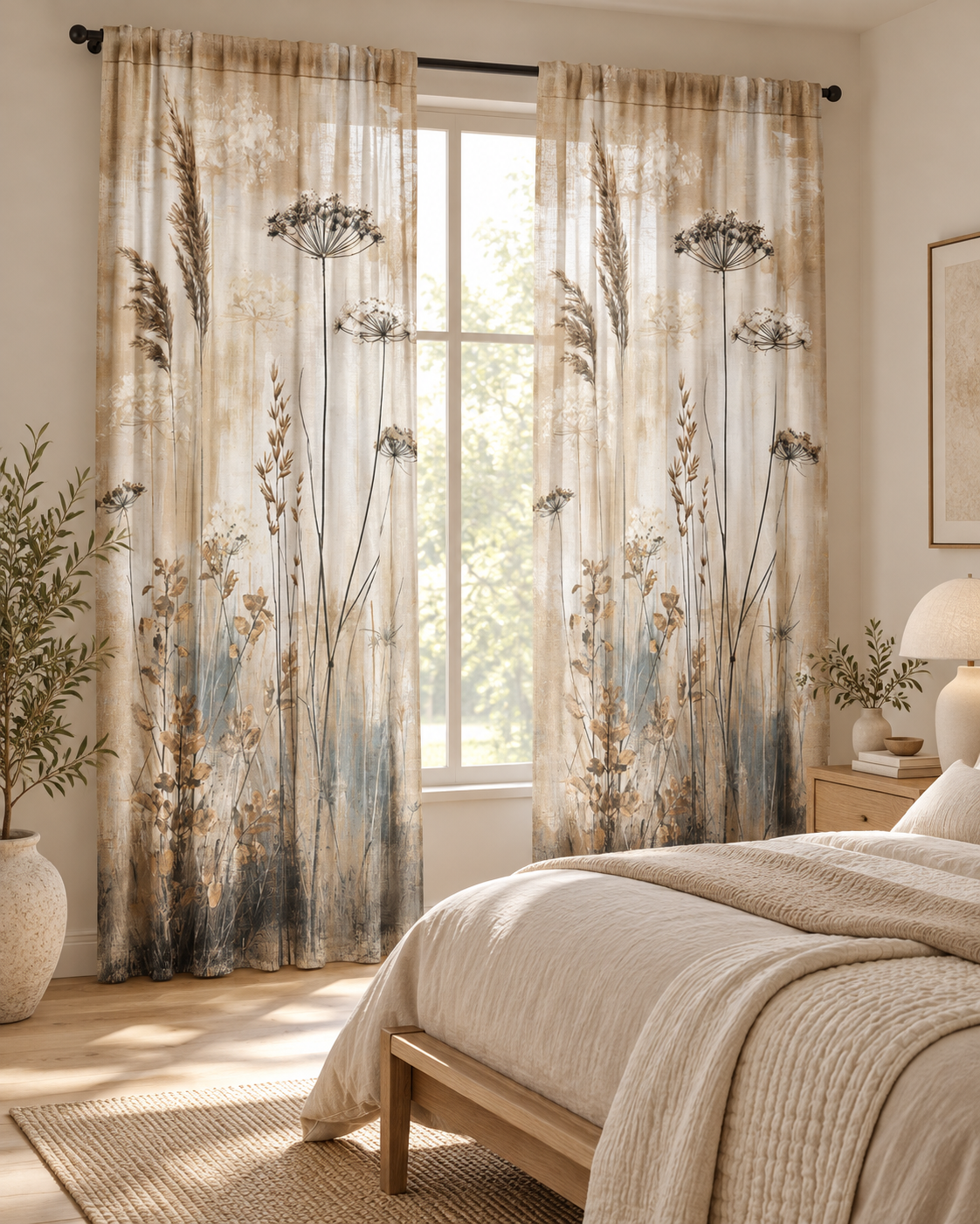 Neutral Botanical Meadow Sheer Window Curtain | Dried Wildflowers Panel