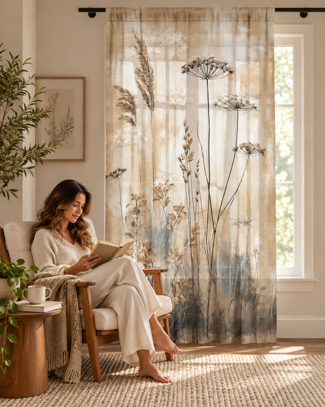 Neutral Botanical Meadow Sheer Window Curtain | Dried Wildflowers Panel