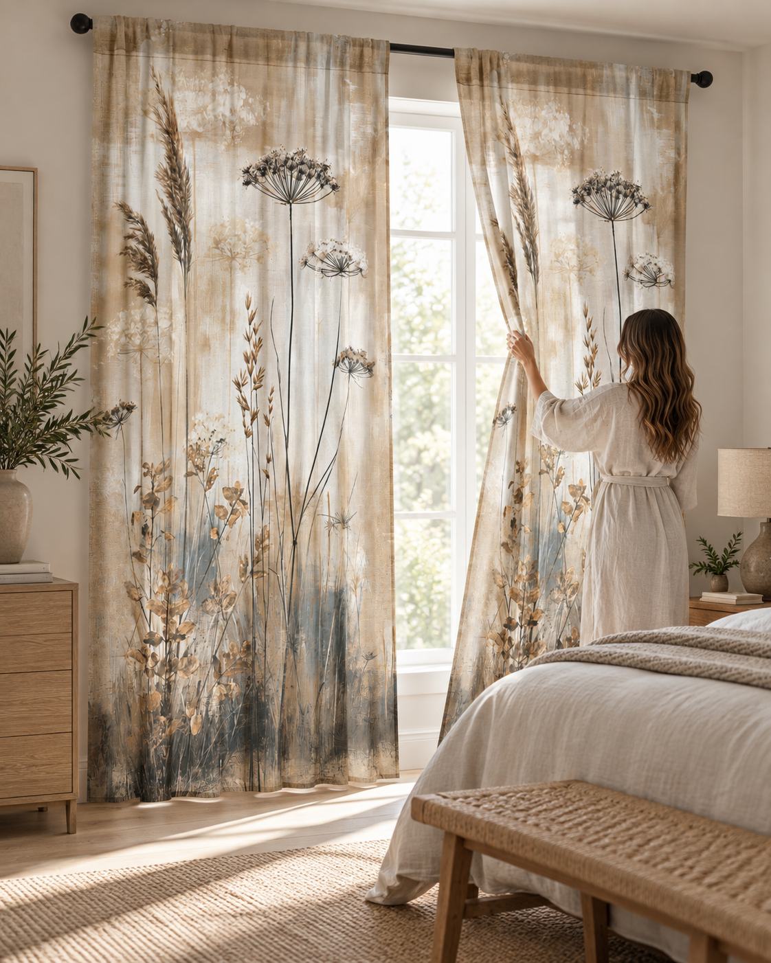 Neutral Botanical Meadow Sheer Window Curtain | Dried Wildflowers Panel