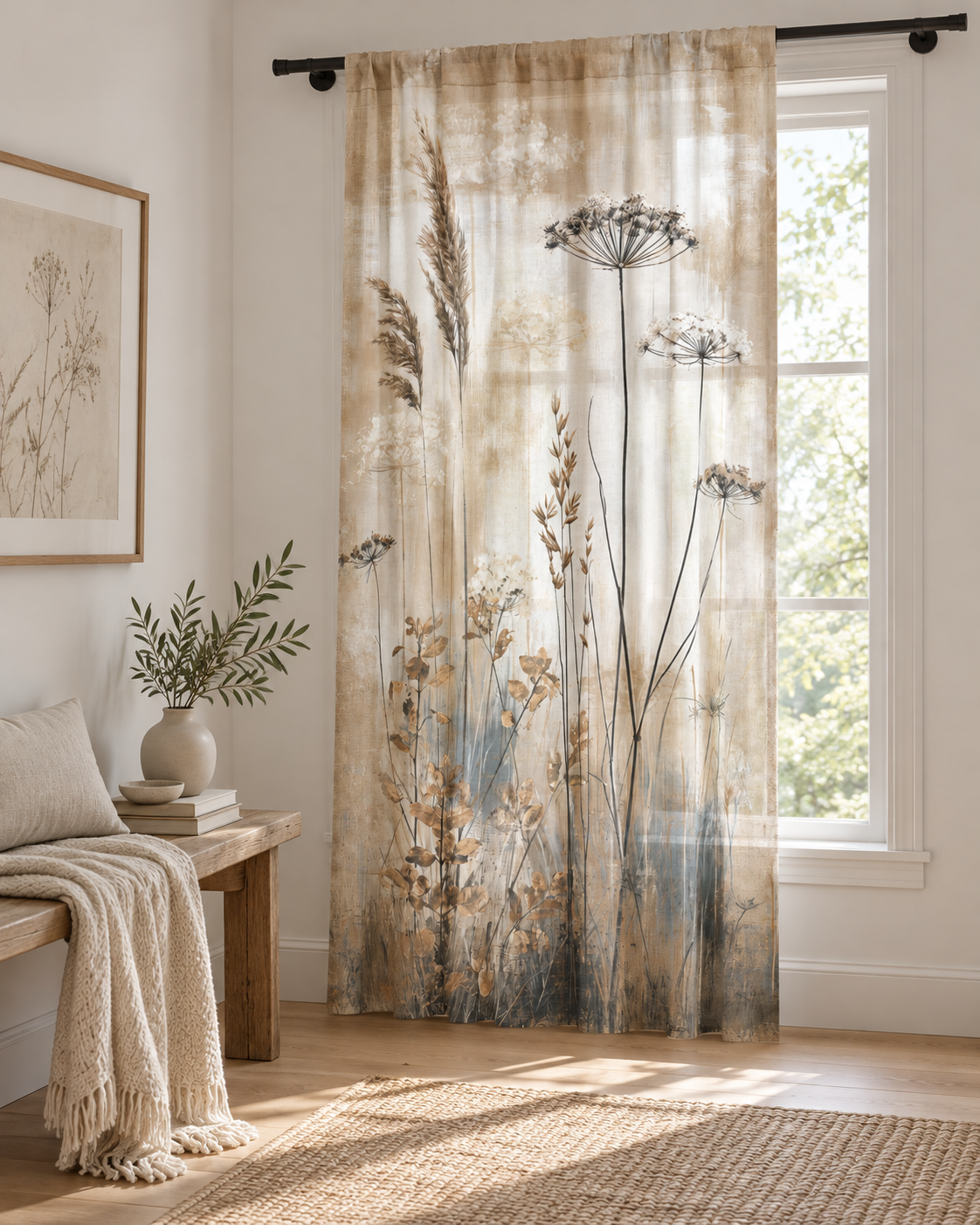 Neutral Botanical Meadow Sheer Window Curtain | Dried Wildflowers Panel