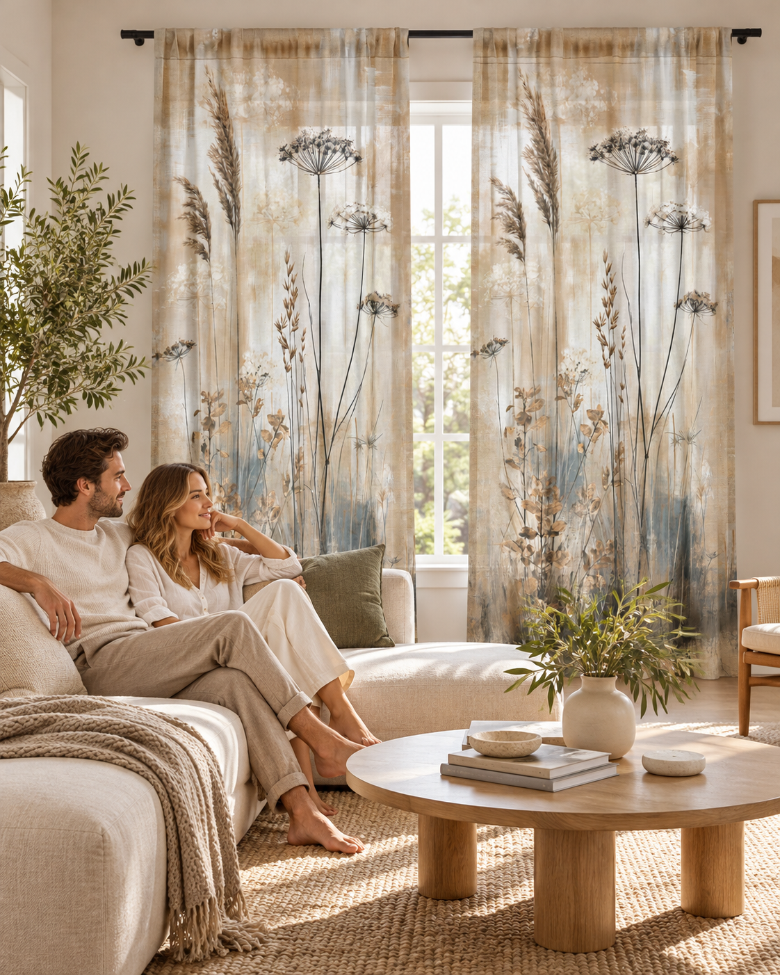 Neutral Botanical Meadow Sheer Window Curtain | Dried Wildflowers Panel