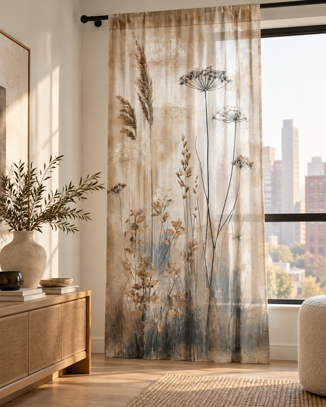 Neutral Botanical Meadow Sheer Window Curtain | Dried Wildflowers Panel