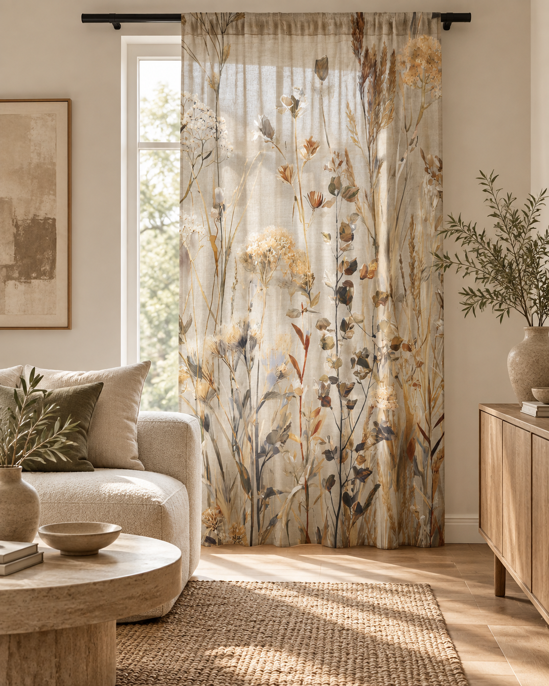 Sheer Curtain — Neutral Dried Wildflowers Voile Panel