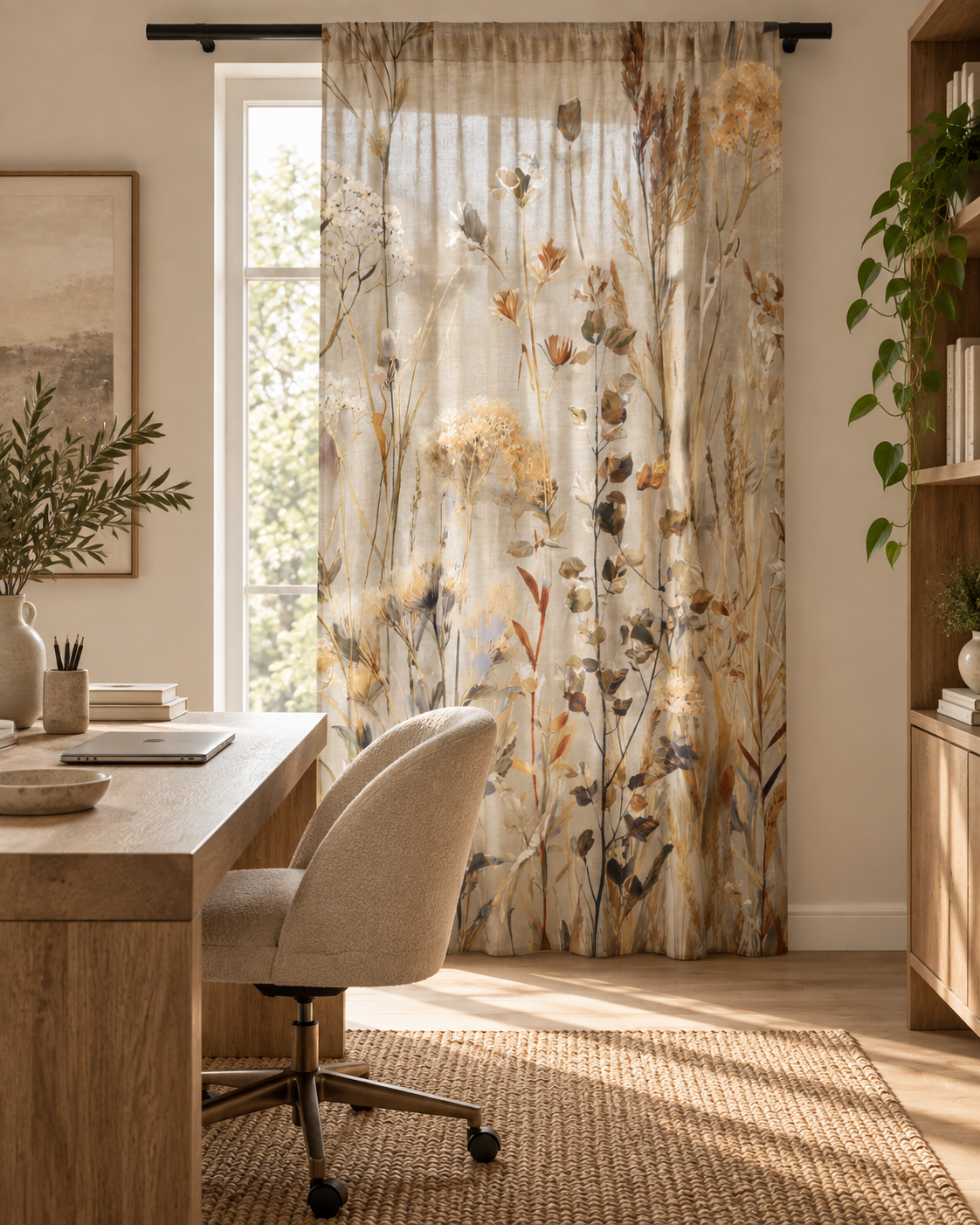 Sheer Curtain — Neutral Dried Wildflowers Voile Panel