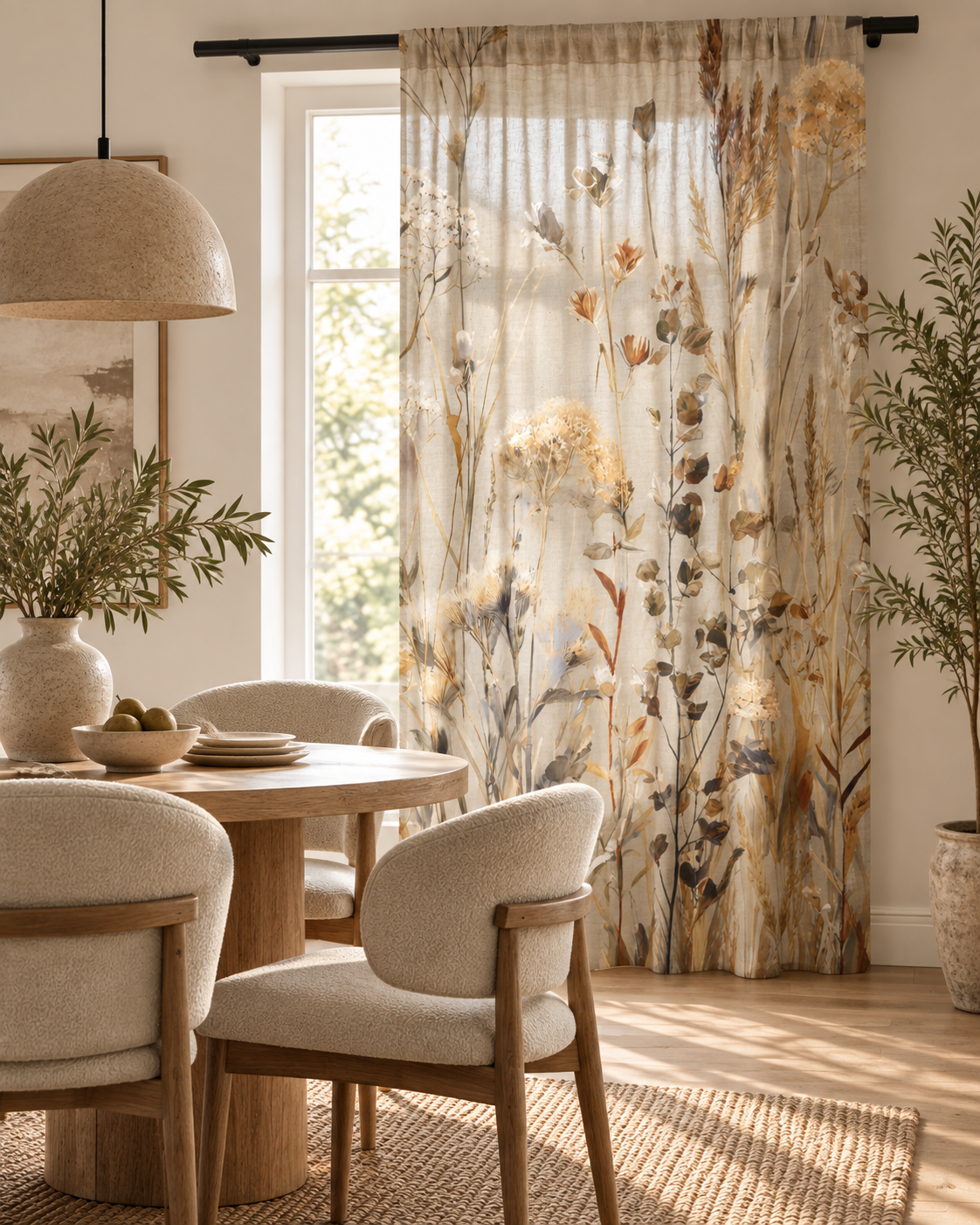 Sheer Curtain — Neutral Dried Wildflowers Voile Panel