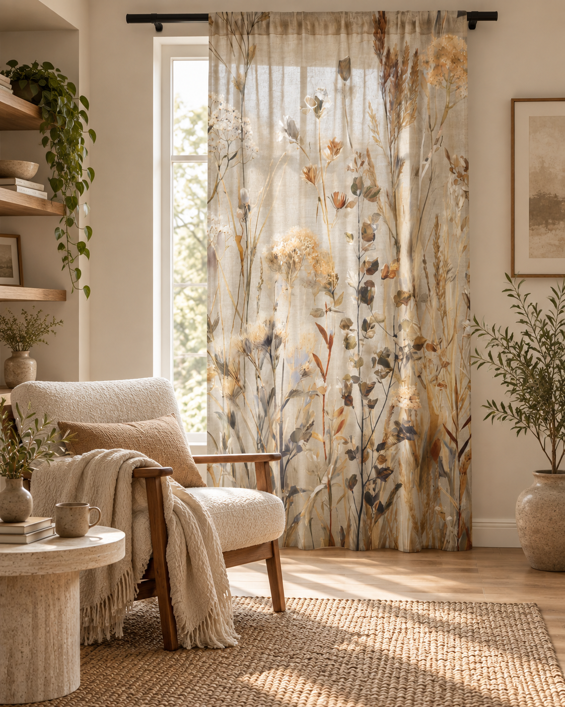 Sheer Curtain — Neutral Dried Wildflowers Voile Panel