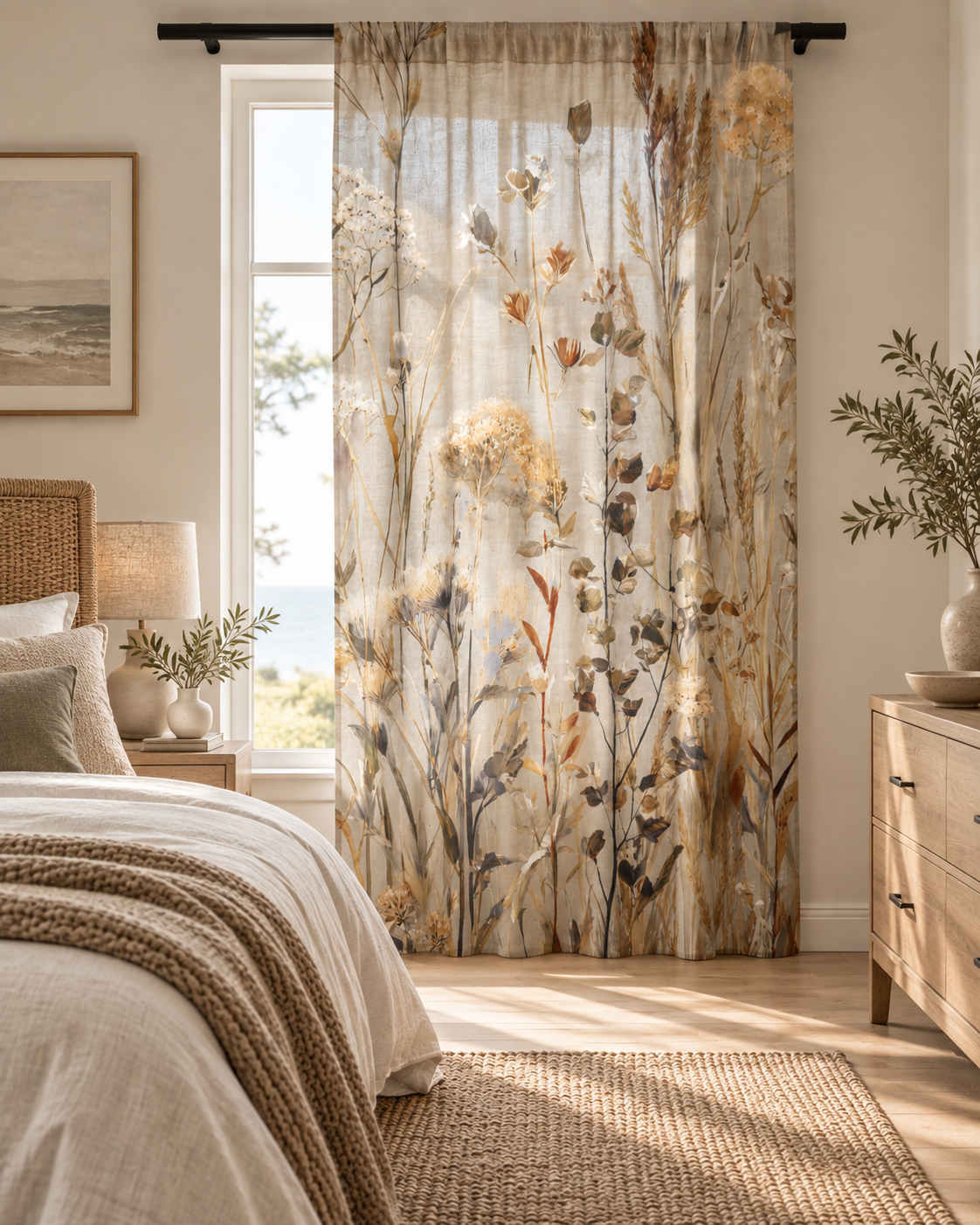 Sheer Curtain — Neutral Dried Wildflowers Voile Panel