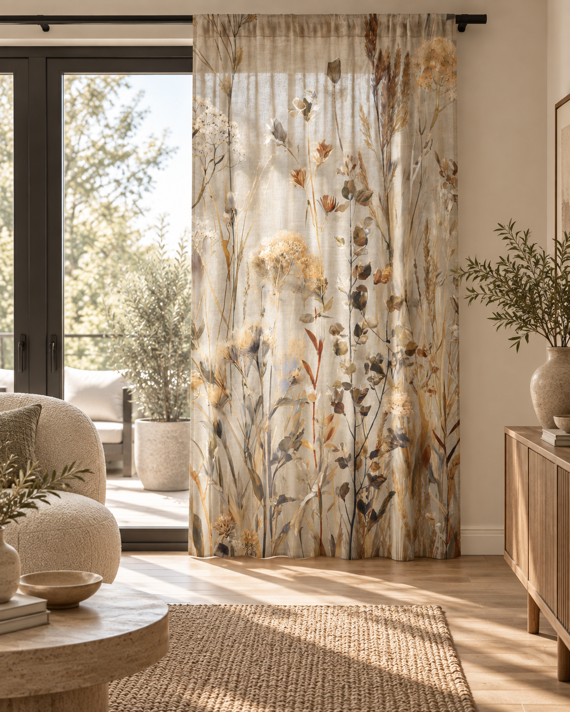 Sheer Curtain — Neutral Dried Wildflowers Voile Panel