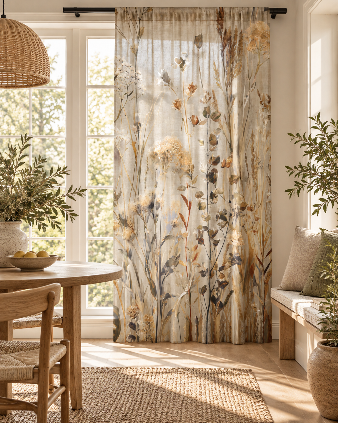 Sheer Curtain — Neutral Dried Wildflowers Voile Panel