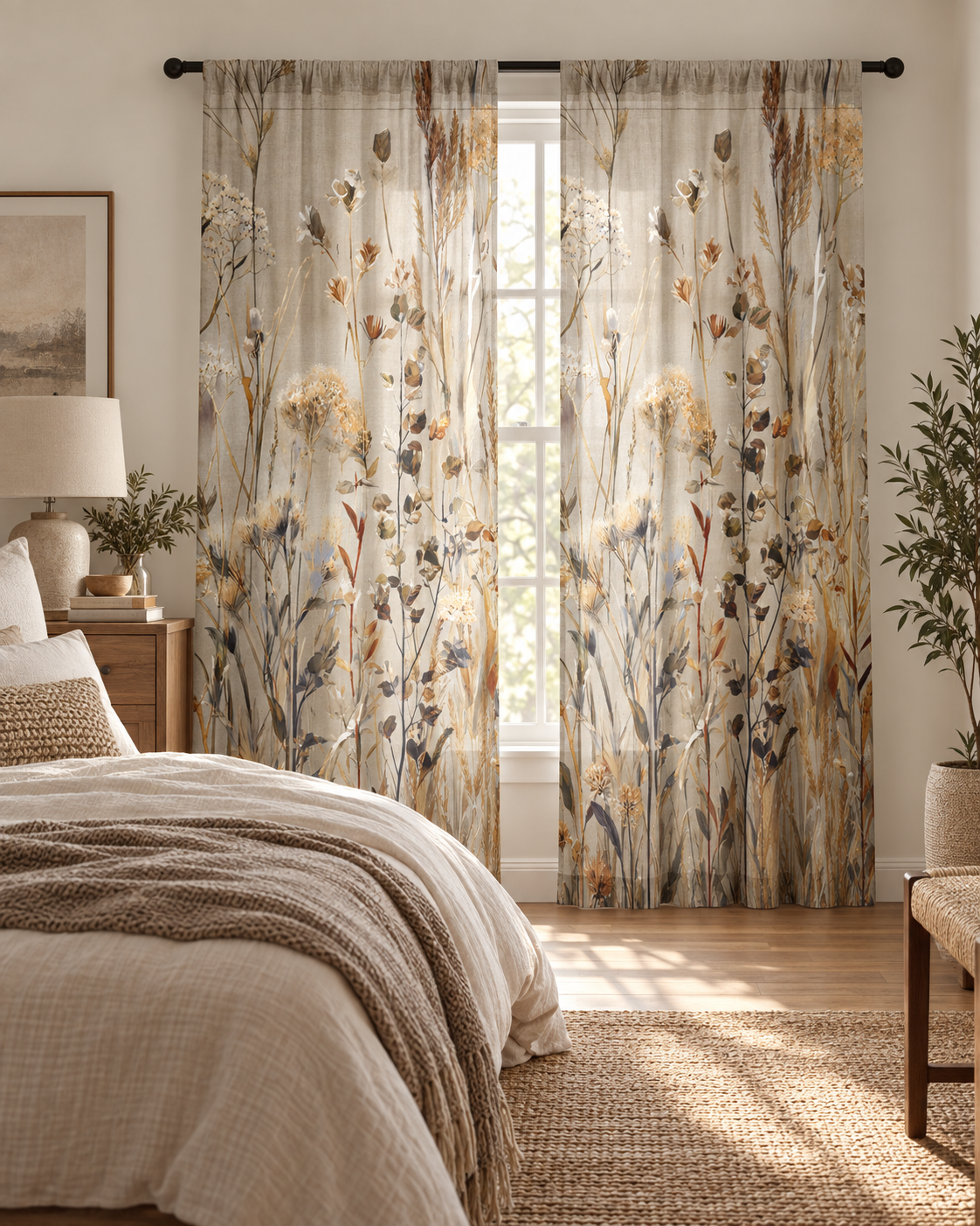 Sheer Curtain — Neutral Dried Wildflowers Voile Panel